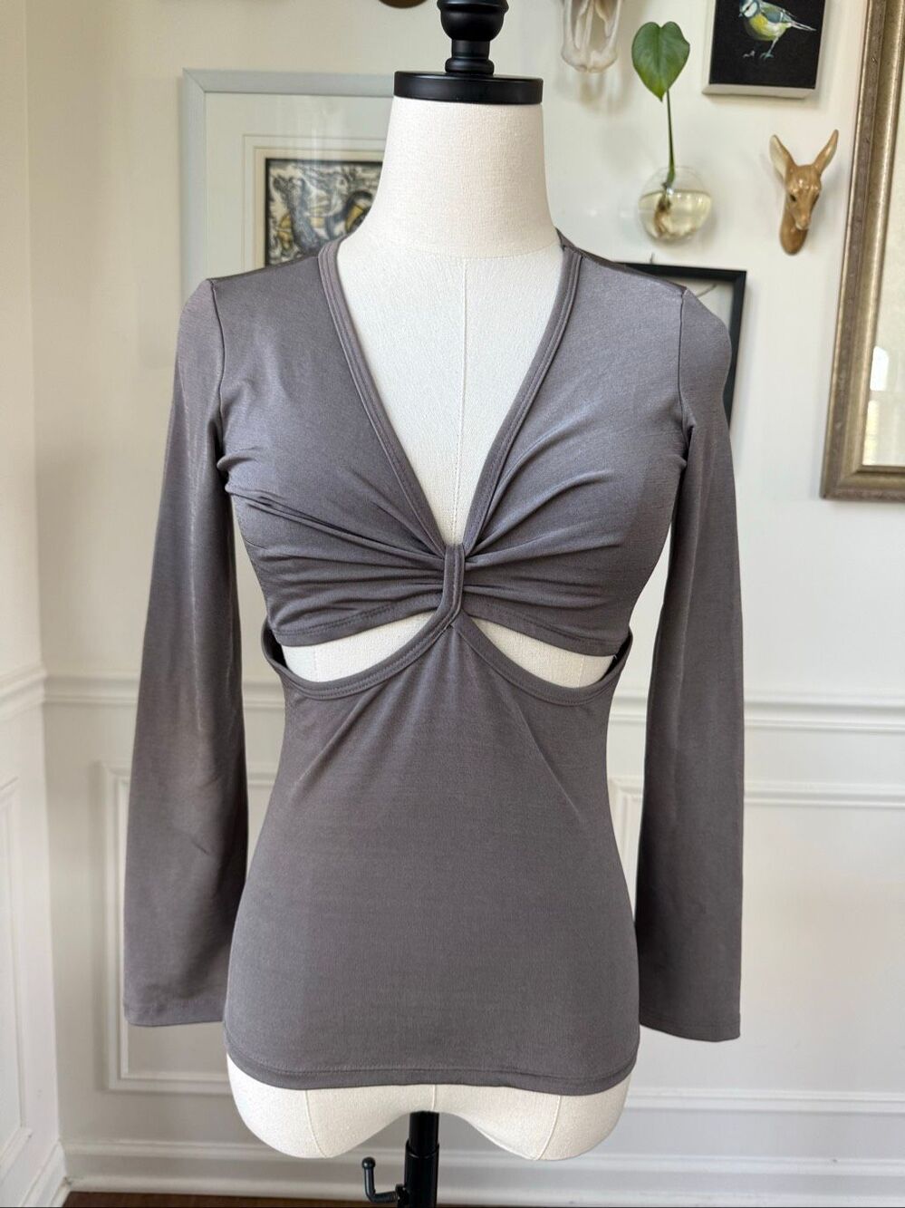 Vintage 90s Y2K Moda Intl Mica Taupe Cut Out Stretchy Sexy Club Indie Sleaze Top